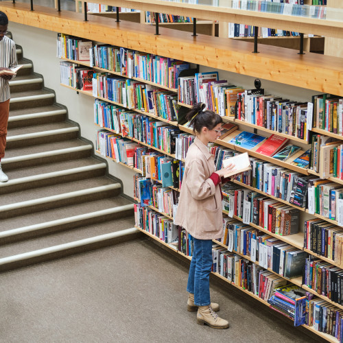 Frau in Bibliothek